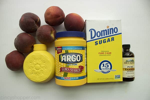 Ingredients to make Peach filling. Fresh peaches, sugar, cornstarch, vanilla, lemon juice. 