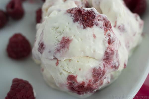 Closeup of raspberry ice cream scoop