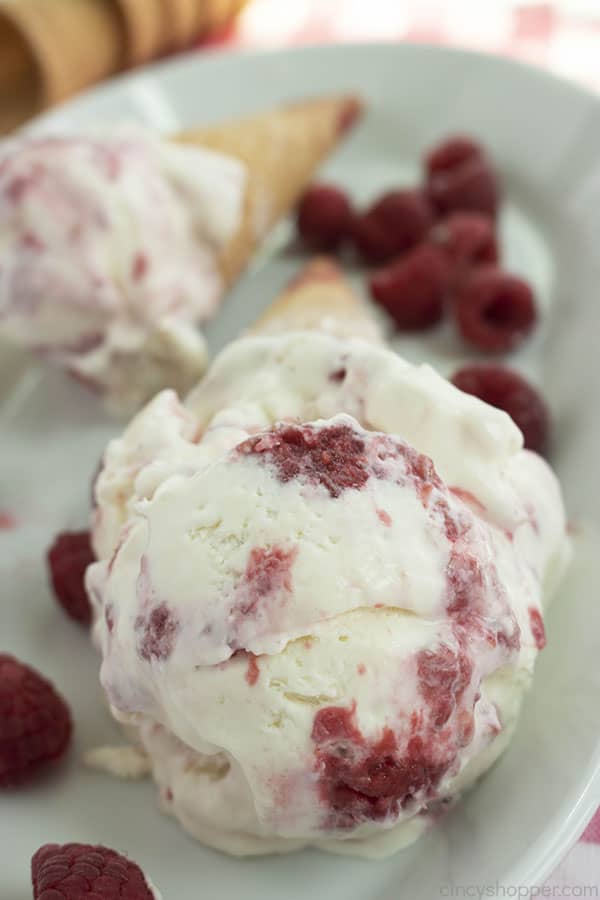 Raspberry Cheesecake Ice Cream in a sugar cone on a white plate