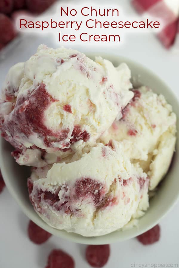 text on image three scoops of raspberry cheesecake ice cream in a white bowl