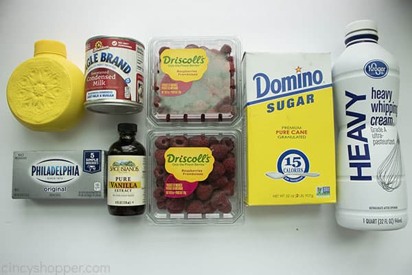 Ingredients to make raspberry cheesecake homemade ice cream