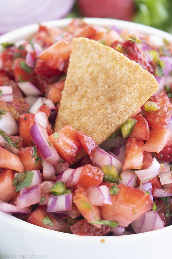 Homemade tortilla chip sitting in bowl of fruit salsa