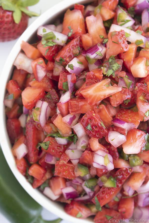 Fresh salsa in white bowl with herb garnish