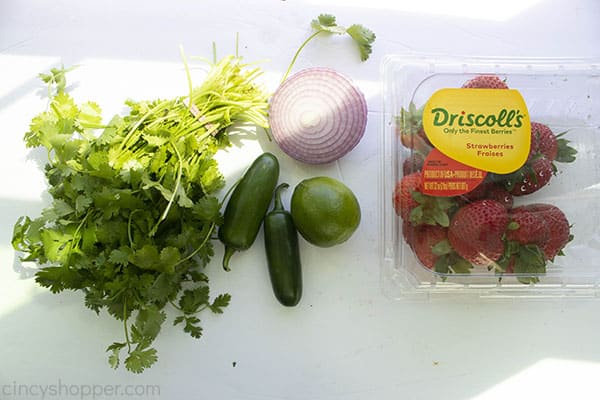 Ingredients for simple fruit salsa: cilantro, jalapeno peppers, lime, half of red onion, strawberries