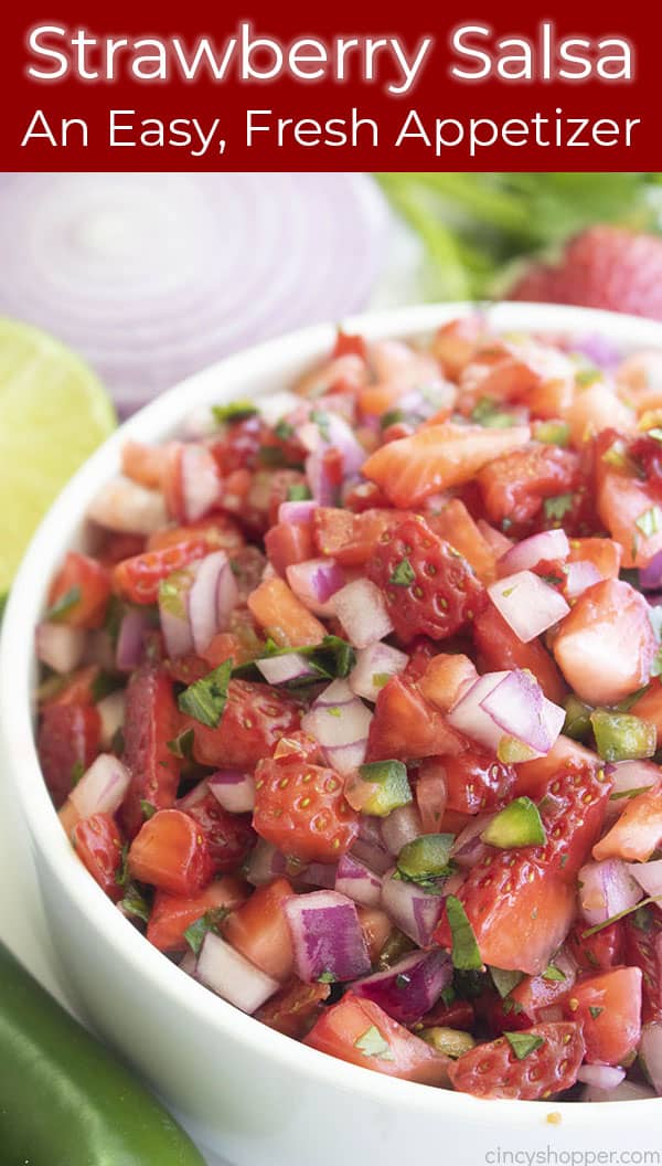 Long Pin, fruit salsa in white bowl, Text on Image: An Easy, Fresh Appetizer