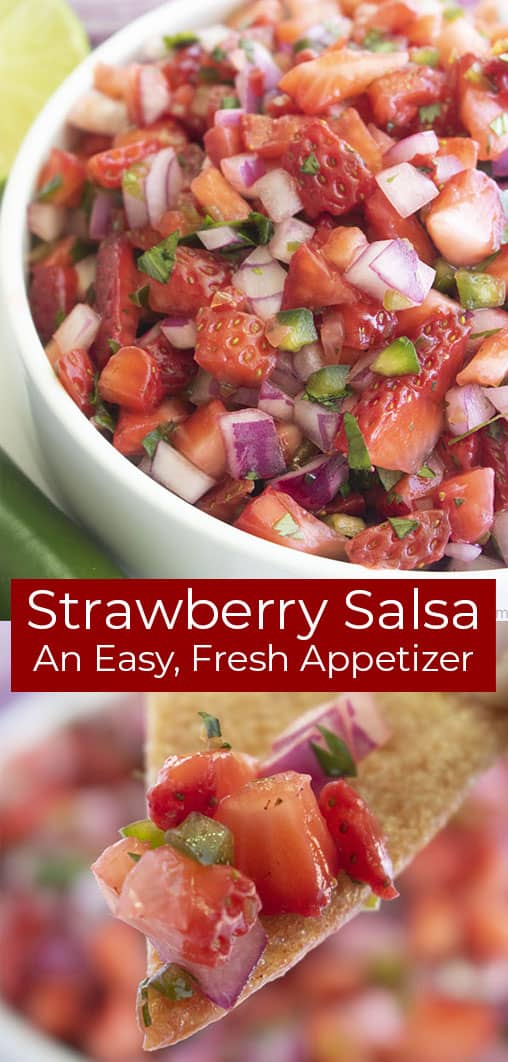 Long Pin, Shot of Finished Salsa above Shot of Salsa on Tortilla Chip, Text on Image: Strawberry Salsa An Easy, Fresh Appetizer