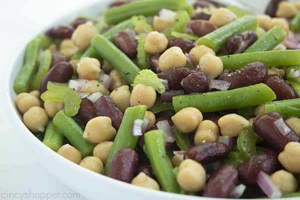 Bean salad ingredients mixed together