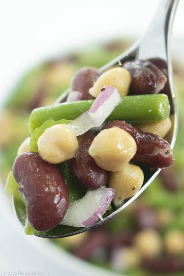 Three types of beans, celery, and red onion on a spoon