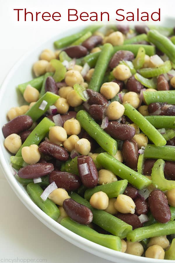 Bowl of beans and vegetables titled Three Bean Salad