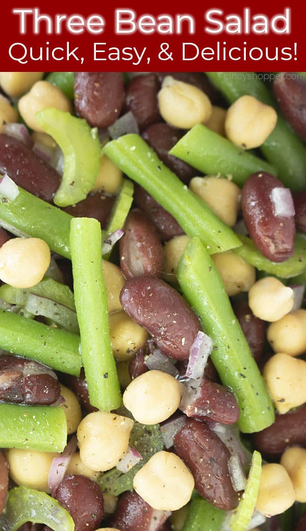 Close up of cold salad titled Three Bean Salad Quick, Easy, & Delicious!