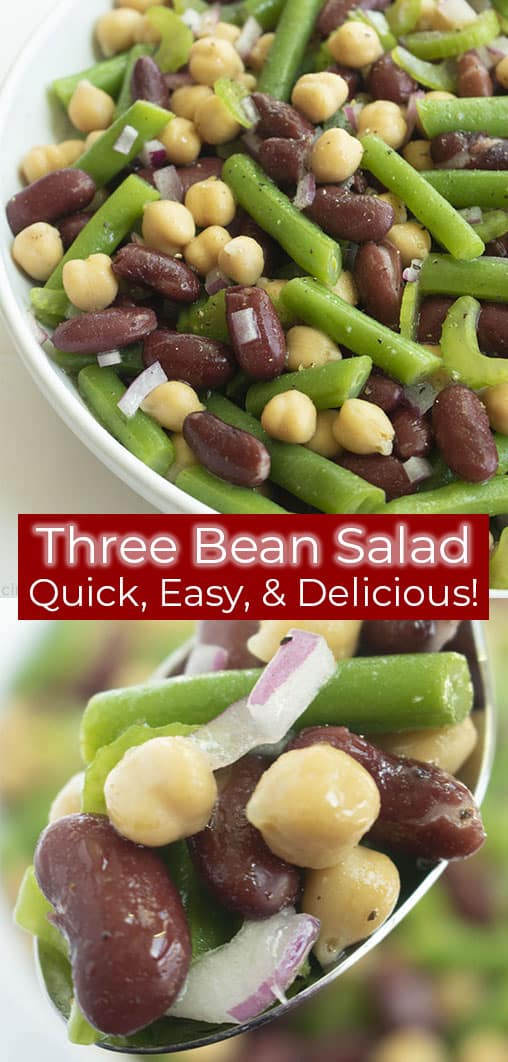 Mixed beans and vegetables in a bowl and on a spoon titled Three Bean Salad Quick, Easy, & Delicious!