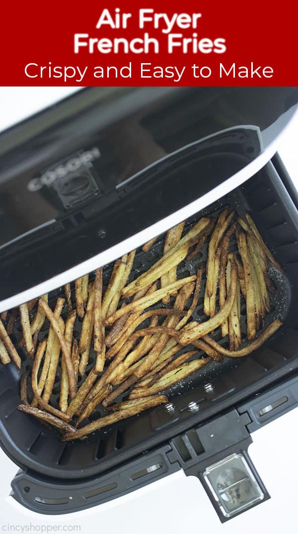 Air Fryer French Fries Crispy and Easy to Make on banner with fries cooked in a fryer