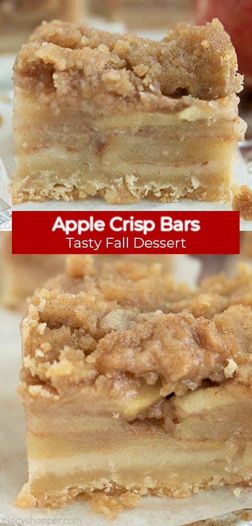 Long pin image with red banner that says Apple Crisp Bars, Tasty Fall Dessert 