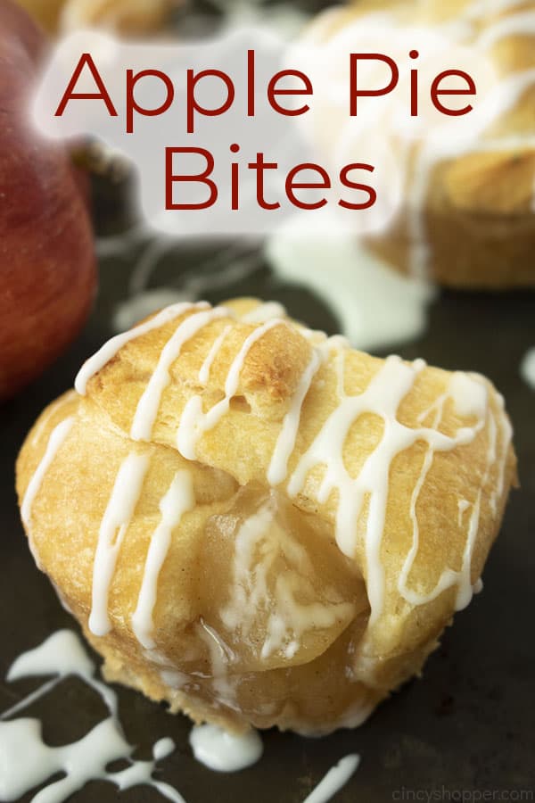 Text on image Apple Pie Bites on a black baking sheet with icing drizzle