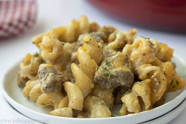 Plated Macaroni Hamburger Helper on a white plate 