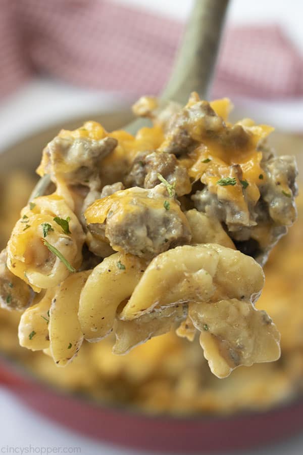 Close up showing the Hamburger Helper on a wooden spoon 