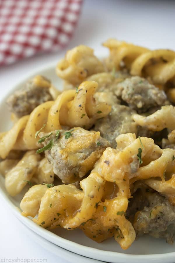 Plated Macaroni Hamburger Helper on a white plate with a red and white towel in the background 