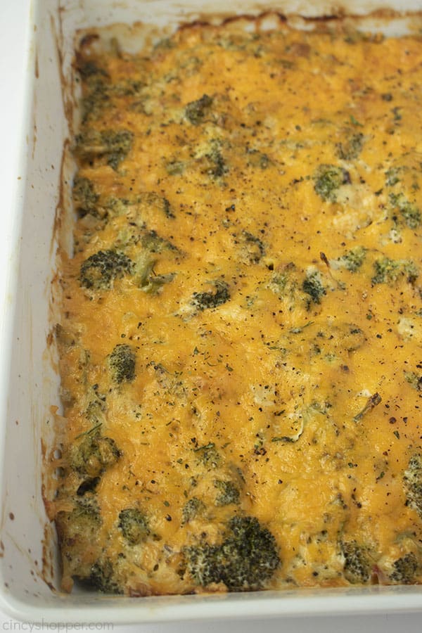 Cheesy Broccoli Casserole in white dish