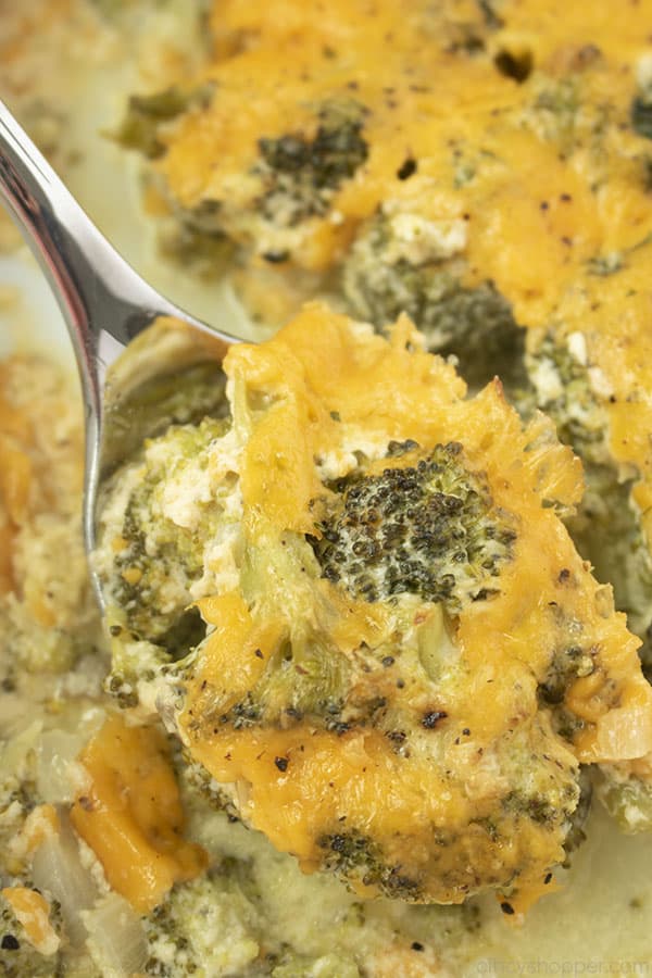Broccoli and Cheese on a stainless spoon closeup