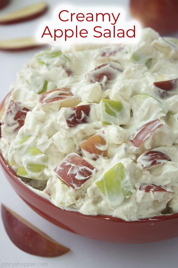 Shot of the Creamy Apple Salad in a red bowl titled Creamy Apple Salad in red 