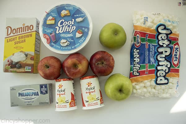 Overhead shot of all the ingredients on a white background 