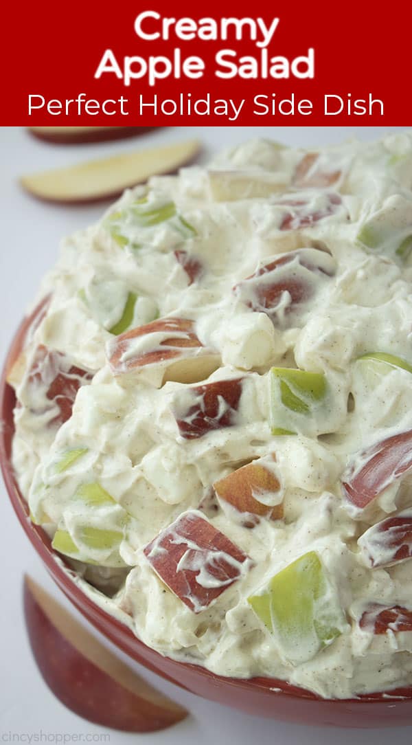 Long pin image of the Creamy Apple Salad titled Creamy Apple Salad, Perfect Holiday Side Dish in a red banner 