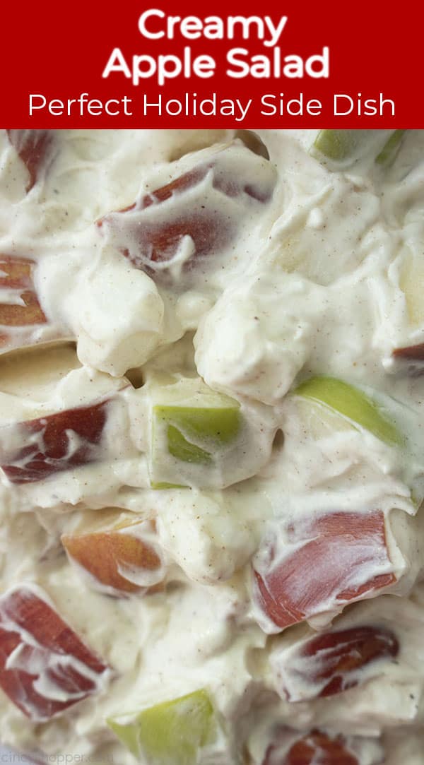 Long pin image of a close up shot of the Creamy Apple Salad titled Creamy Apple Salad, Perfect Holiday Side Dish in a red banner 