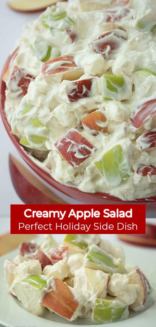 Long pin image of the Creamy Apple Salad titled Creamy Apple Salad, Perfect Holiday Side Dish in a red banner 