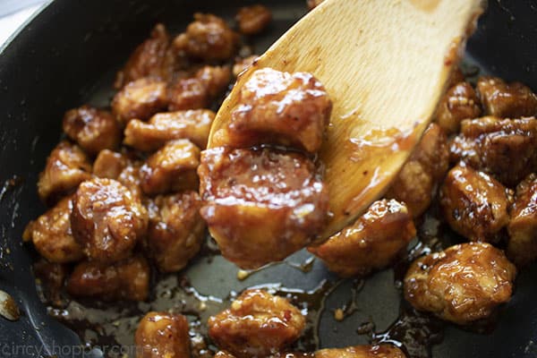 General Tso's Chicken on a wooden spoon.