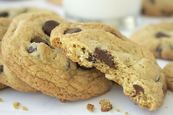 Bite out of chewy chocolate chip cookies