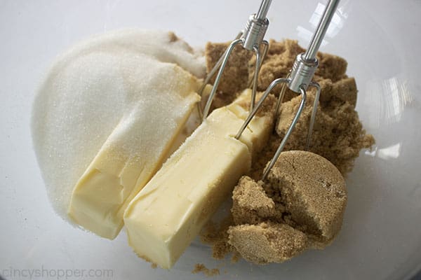 Butter and sugars in a bowl