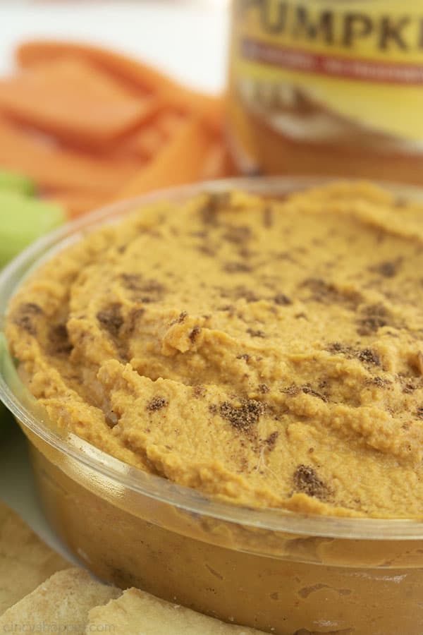 Pumpkin appetizer - hummus in a clear plastic dish with carrots, celery, pita chips and canned pumpkin.