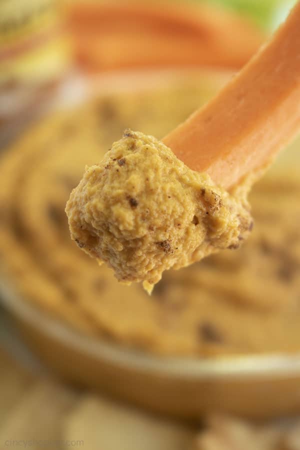 Closeup of carrot dipped in savory dip - Pumpkin Hummus