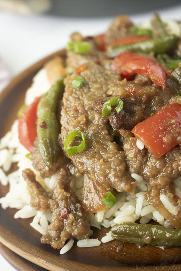 Close up shot of Simple Mongolian Beef with red peppers and green beans