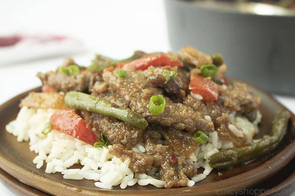 Plated image of the Mongolian Beef sitting on top of white rice 