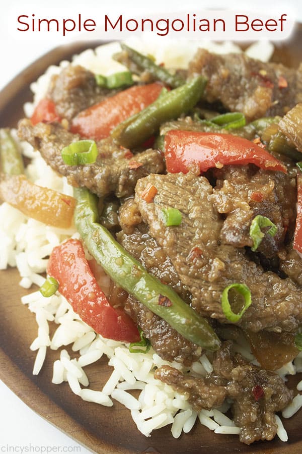 Long pin image of the Mongolian Beef dish titled Simple Mongolian Beef in a red and white banner 