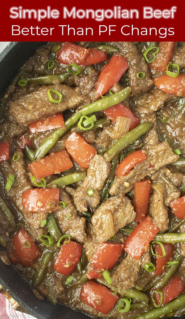 Long pin image of a close up shot of Mongolian Beef in a black skillet titled Simple Mongolian Beef Better Than PF Changs