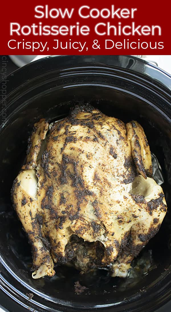Long pin Slow Cooker Rotisserie Chicken black crock red banner Crispy, juicy, and delicious.