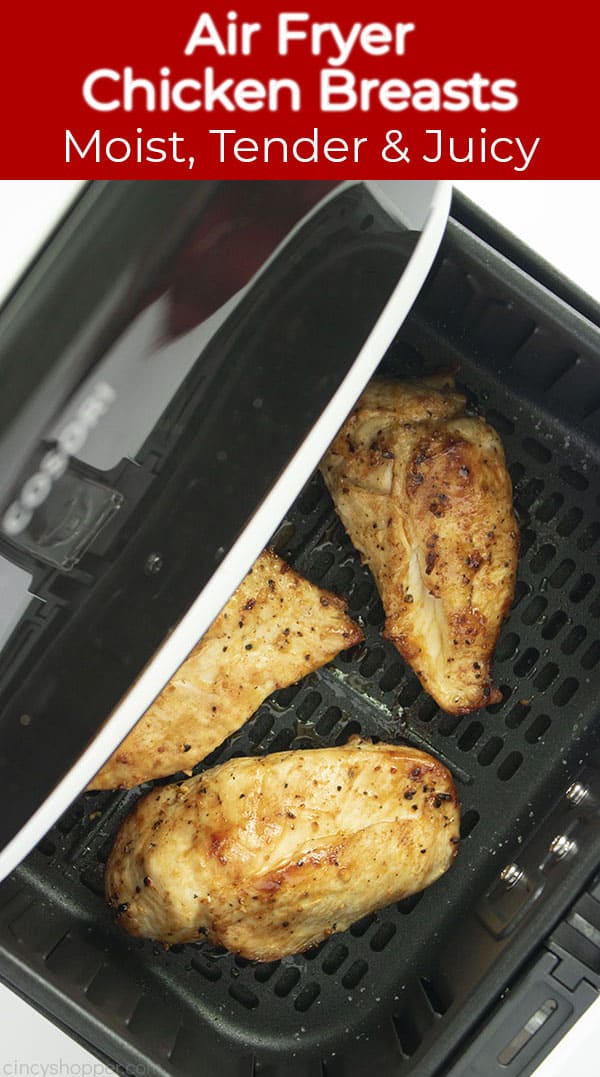Long pin image with Air Fryer Chicken Breasts Moist, Tender & Juicy banner