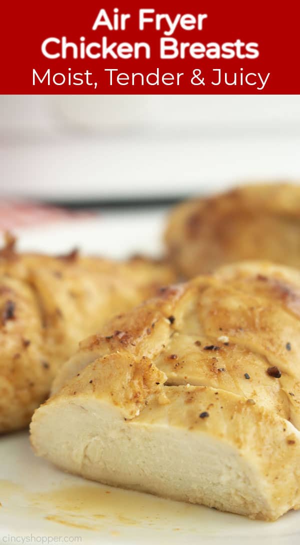 Closeup long pin text on image Air Fryer Chicken Breasts Moist, Tender & Juicy on banner