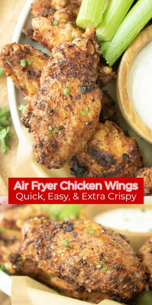 Long pin red banner with text Air Fryer Chicken Wings Extra Crispy Air Fryer Chicken Wings