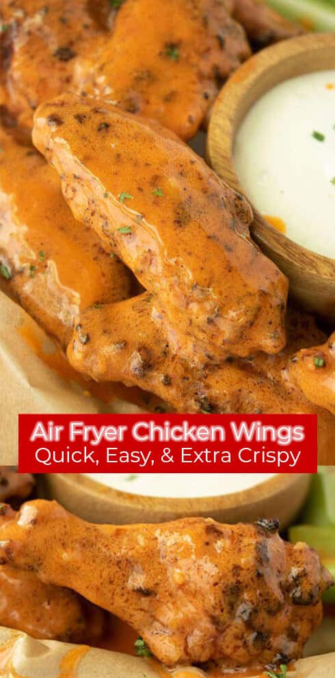 Long pin collage red banner with text Air Fryer Chicken Wings Extra Crispy Air Fryer Chicken Wings