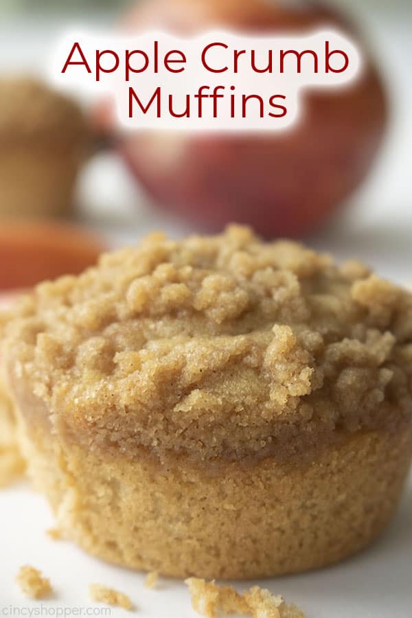One Apple Crumb Muffin on a white background with text on image