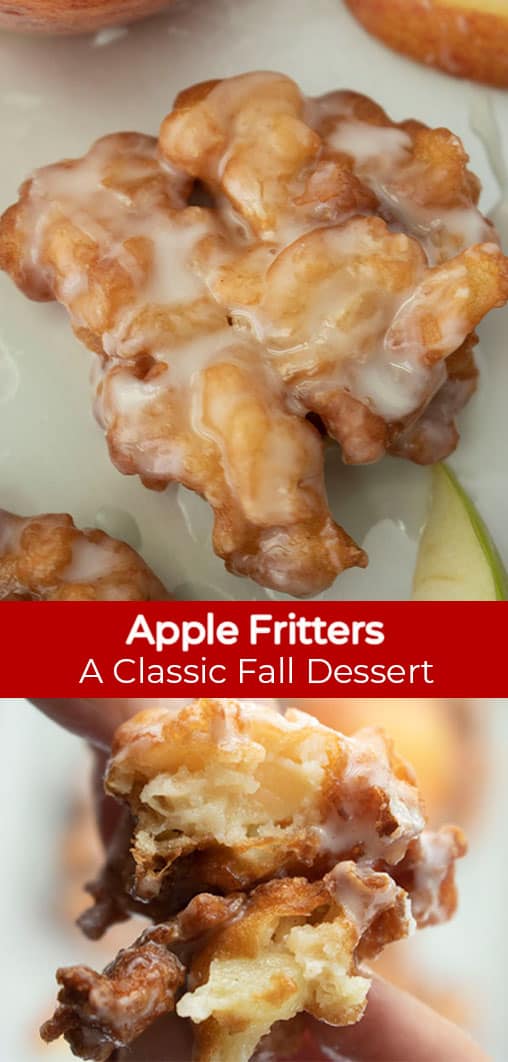 Long Pin collage with red banner with Text Apple Fritters A Classic Fall Dessert