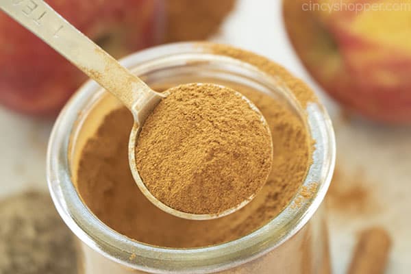 Horizontal image of teaspoon with apple spice mix