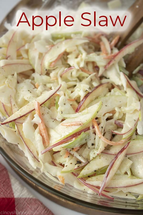 Text on image Apple Slaw in a clear bowl