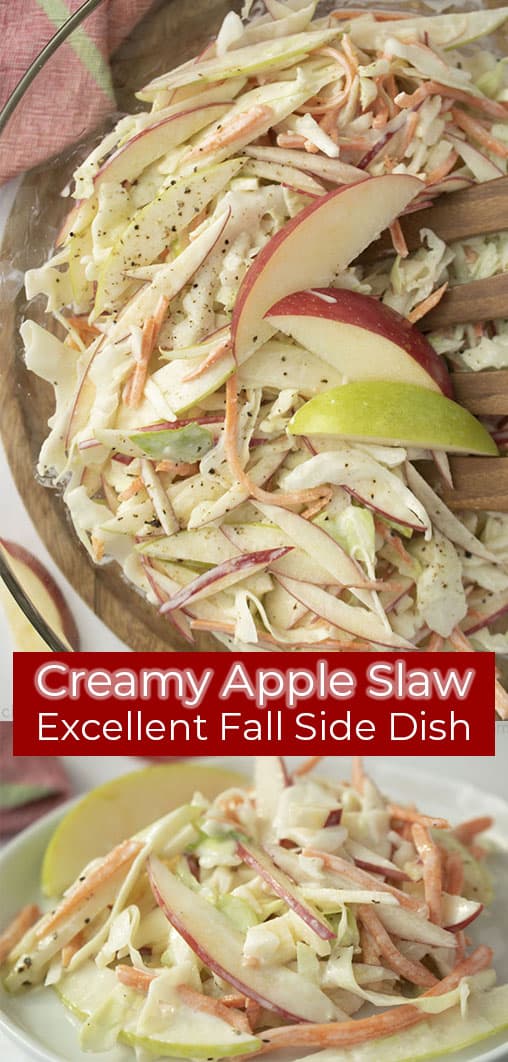 Long pin with red banner text on image Creamy Apple Slaw Excellent Fall Side Dish