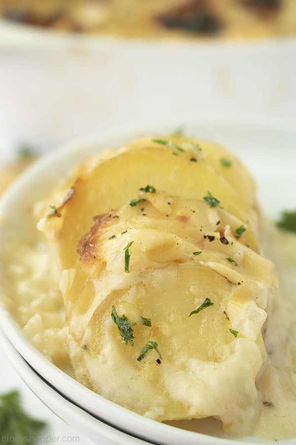 Cheesy Au Gratin Potatoes on a white plate.
