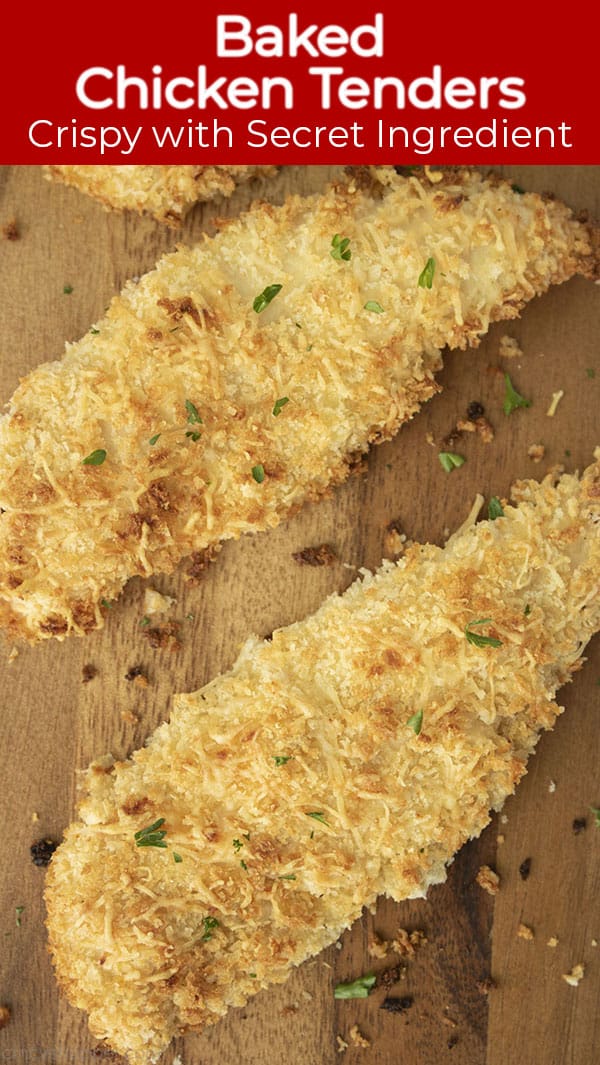 Long Pin with red banner text Baked Chicken Tenders Crispy with Secret Ingredient