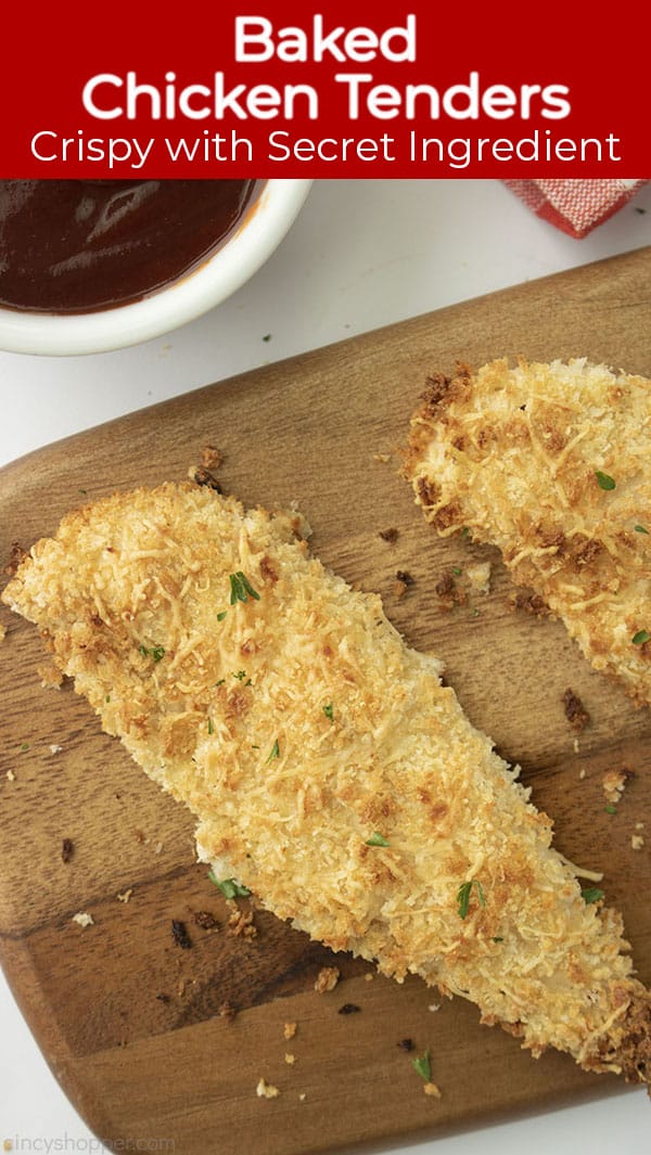Long Pin with red banner text on image Baked Chicken Tenders Crispy with Secret Ingredient